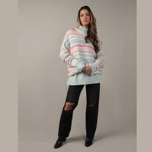 American Eagle Fair Isle Crewneck Sweater - Size Small, White/Pink/Blue